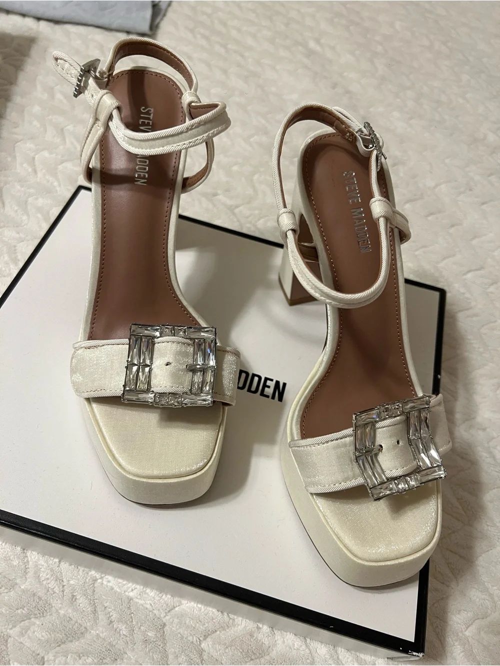 Steve Madden Ivory Satin Block Heel Sandals with Crystal Buckle
